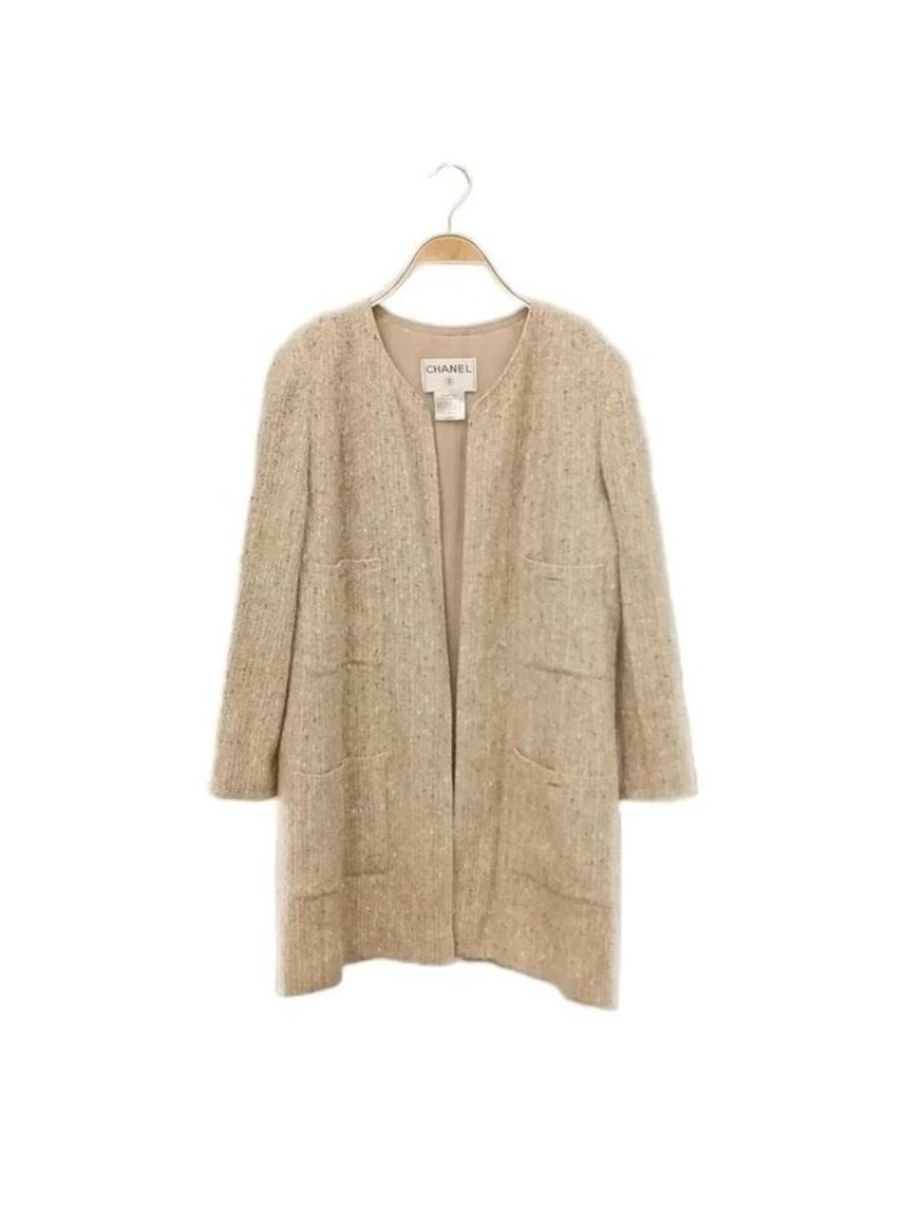 Chanel 99P Tweed Long Jacket Collarless Beige 42